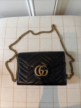 Gucci Black Chevron GG Marmont Small Shoulder Bag with Gold Hardware